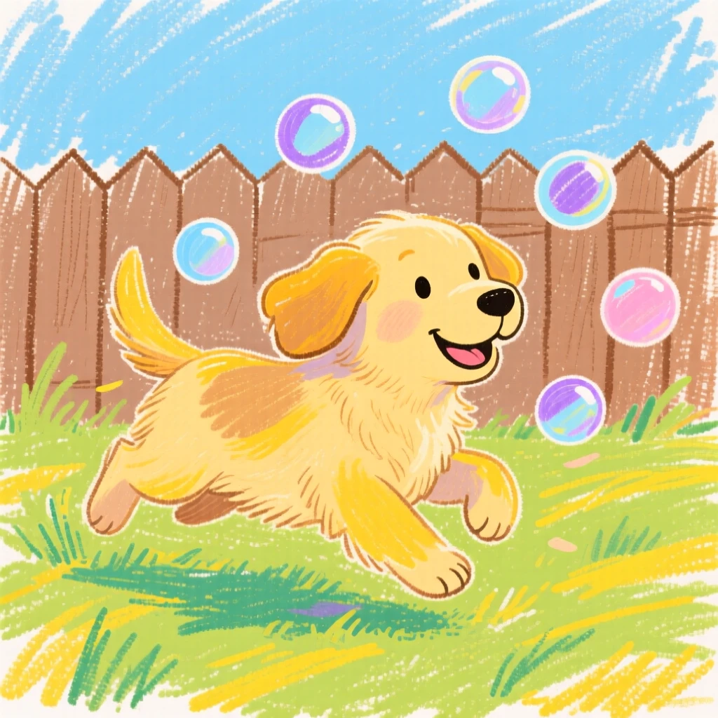 A golden retriever puppy chasing bubbles across a sunlit backyard lawn.