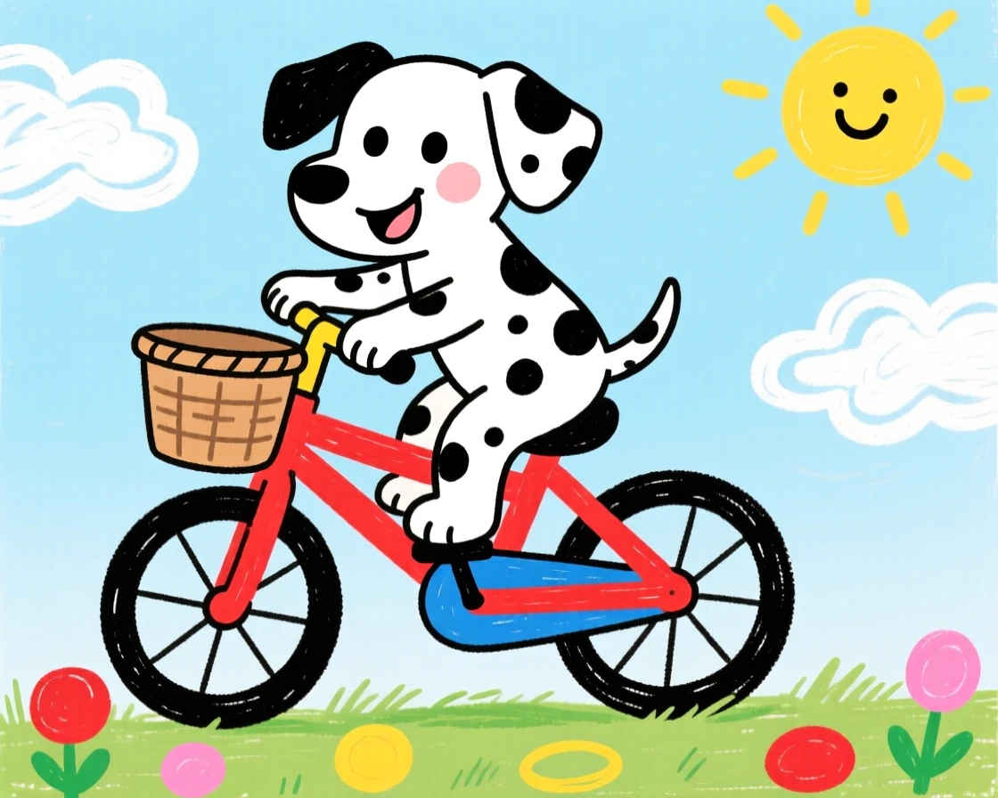 A spotted dalmatian puppy riding along in a bicycle basket.