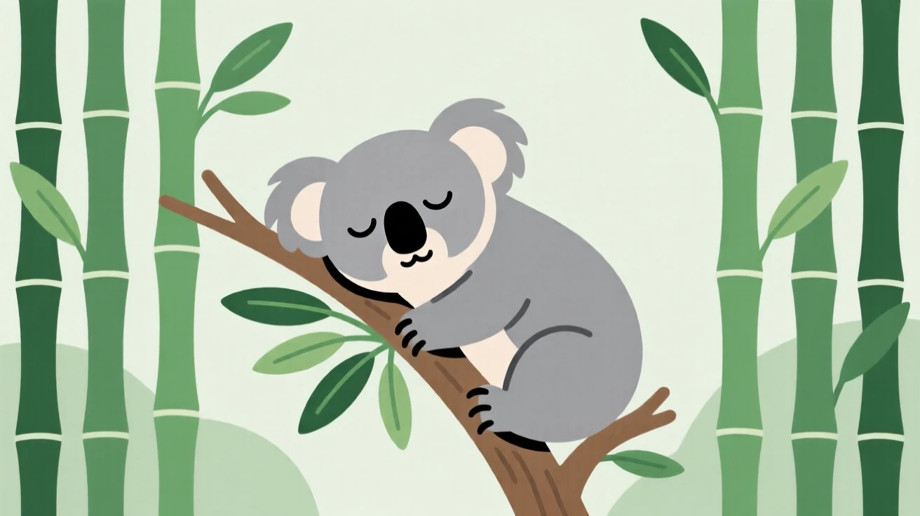 A sleepy koala clinging to a eucalyptus branch, framed by towering bamboo stalks in a peaceful grove, arranged in a balanced symmetrical composition, with a sense of playful curiosity captured perfectly.