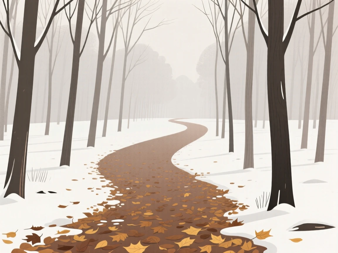 A peaceful winter forest path covered in fallen leaves, leading into the distance.