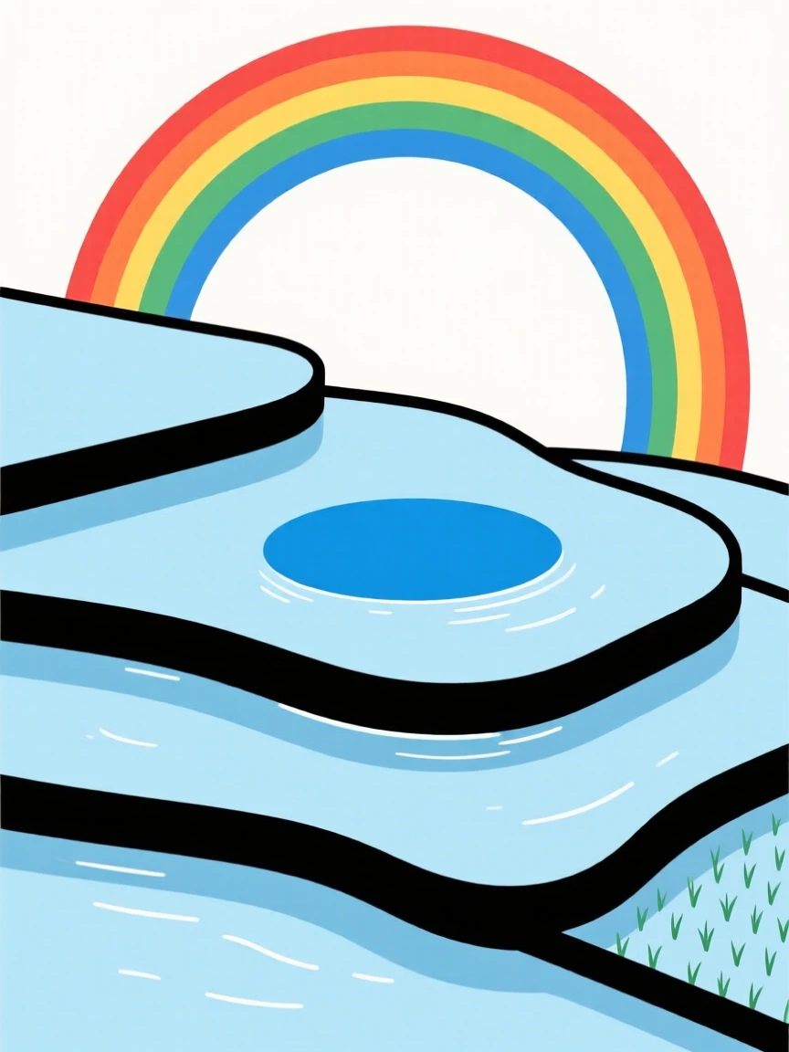 A terraced rice paddy, quiet and still, cradles a tide pool resting beside a rainbow arching overhead, capturing a feeling of quiet solitude.