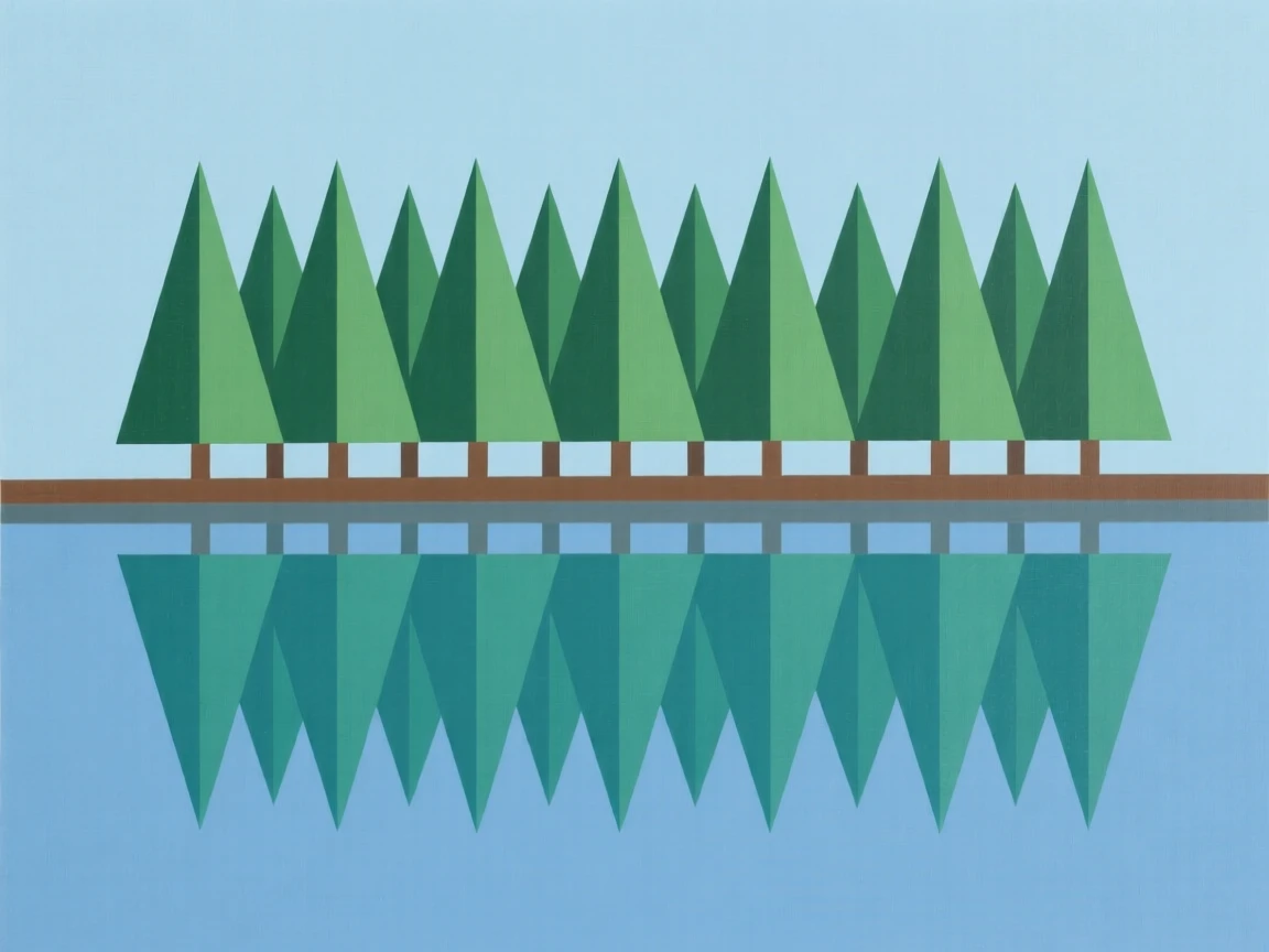 A calm lake reflecting surrounding pine trees