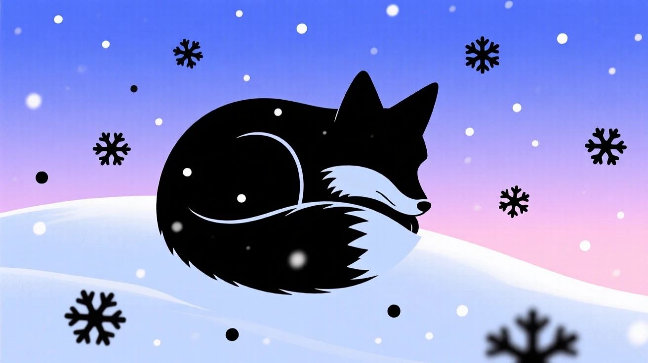 A fox curled into a tight ball atop a snowdrift, tail wrapped over its nose, snowflakes falling around it.