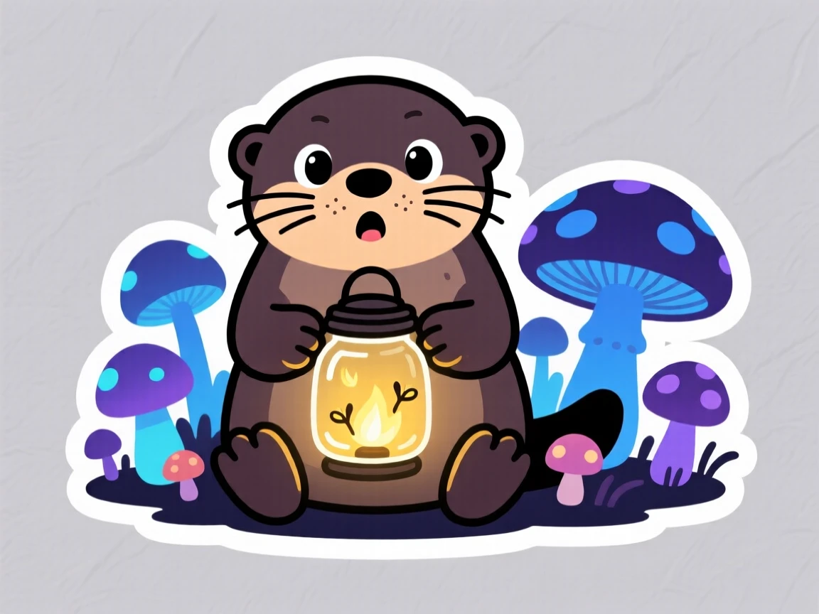 A surprised curious baby otter carrying a lantern made of a firefly jar, among mushrooms glowing softly at dusk.