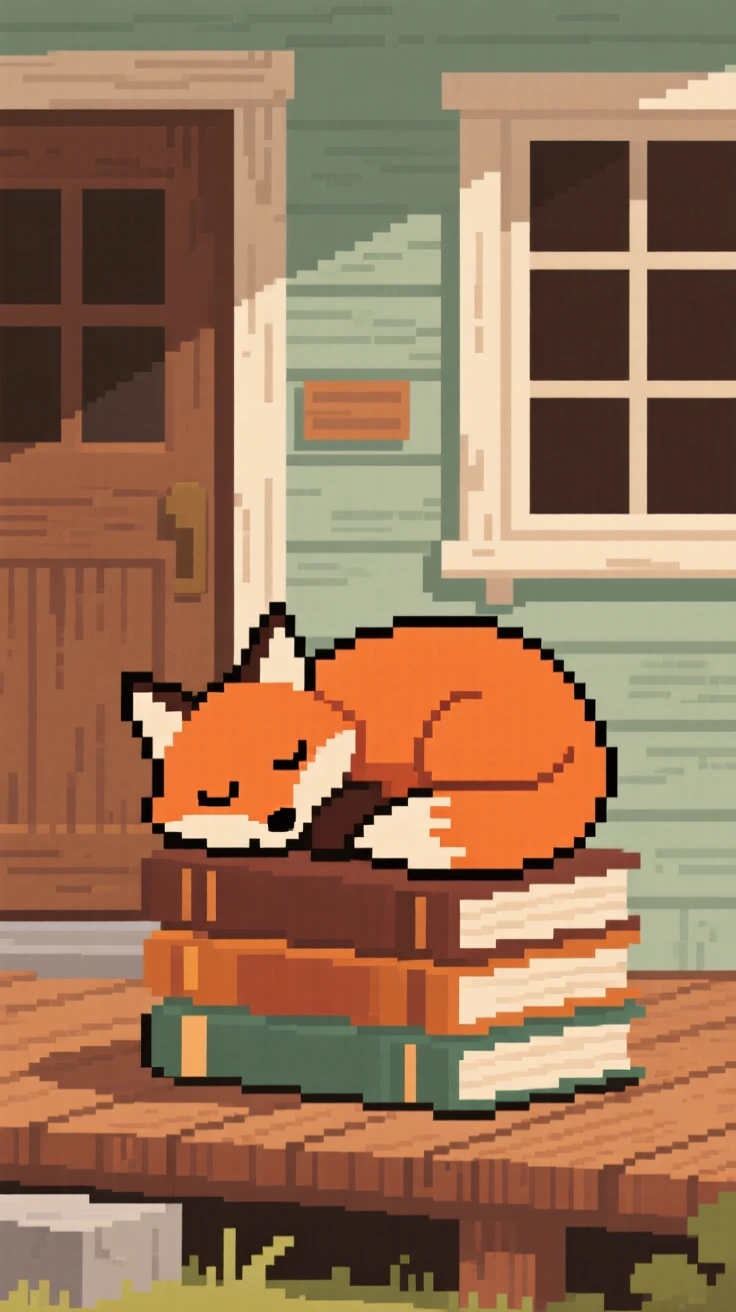A round-bellied fox curled up asleep on a stack of books, on the porch of a tiny cottage.