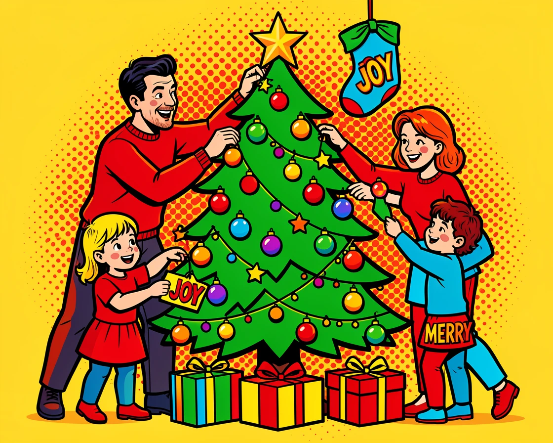 A family decorating a Christmas tree together