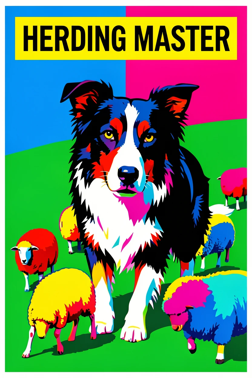 Border collie herding sheep on a green hillside
