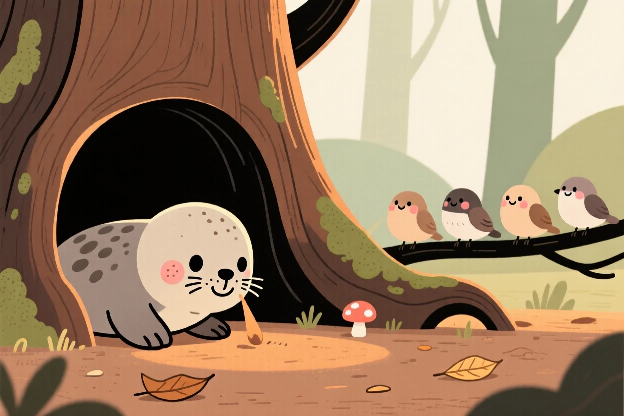A small seal pup explores a hollow tree for the first time, sniffing at everything nearby while a nearby flock watches with gentle patience.