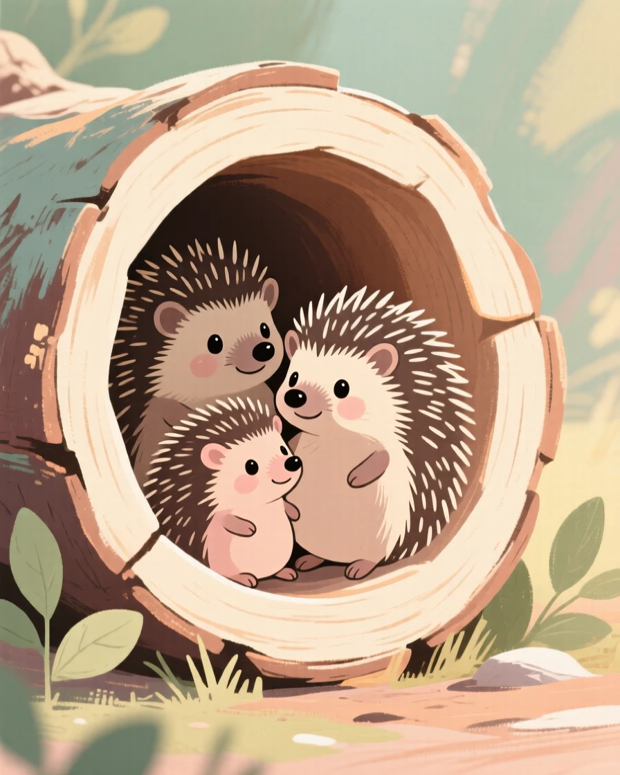 A hedgehog family living cozily inside a hollow log