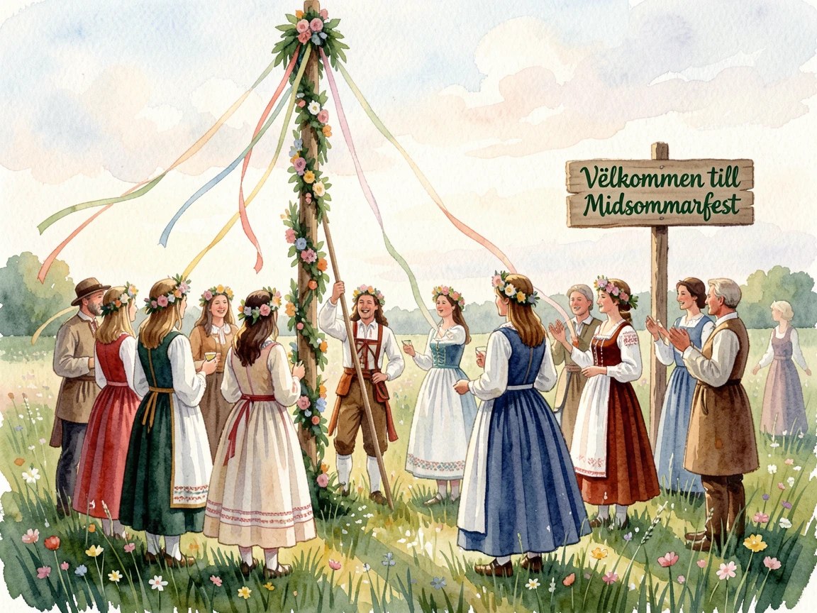 A traditional Nordic midsummer celebration with flower crowns with the whole community joining in.