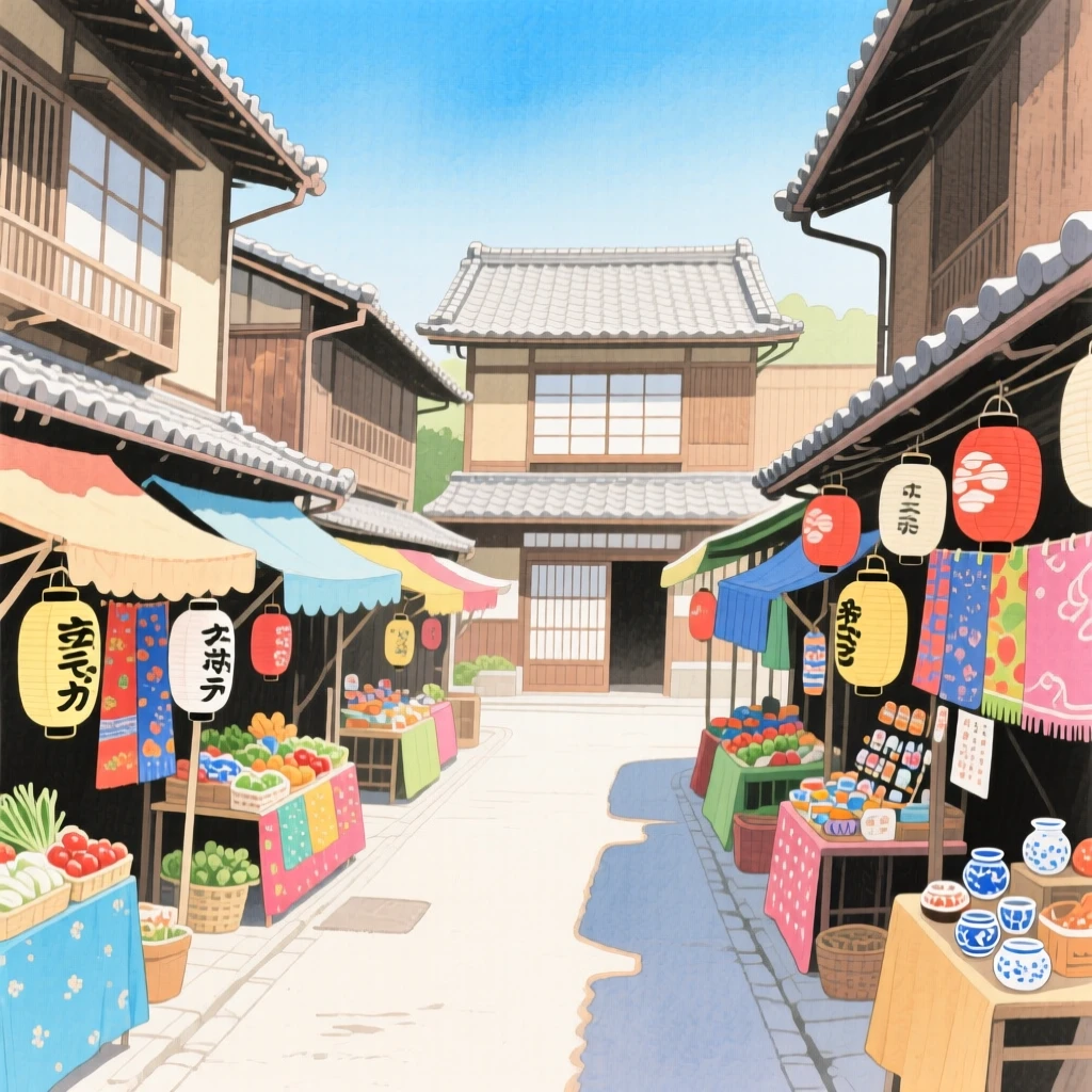 A picturesque view of a Japanese hot spring town with colorful market stalls lining the street, beneath a clear blue sky
