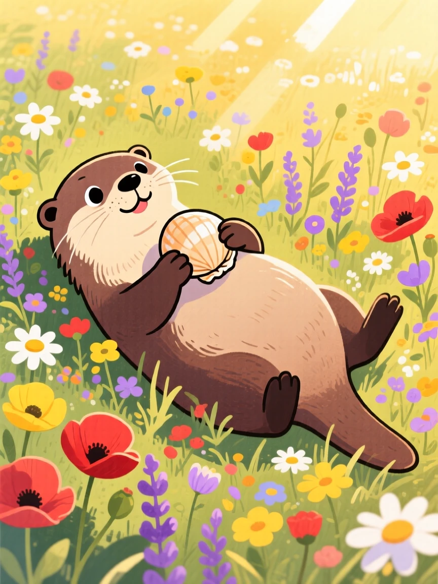 A playful otter cracking a shell on its belly exploring a wildflower field at the golden hour.