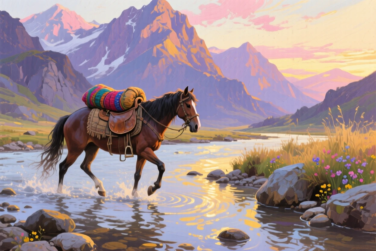 a pack horse crossing a shallow river beneath towering peaks, at first light, composed along a natural leading line.