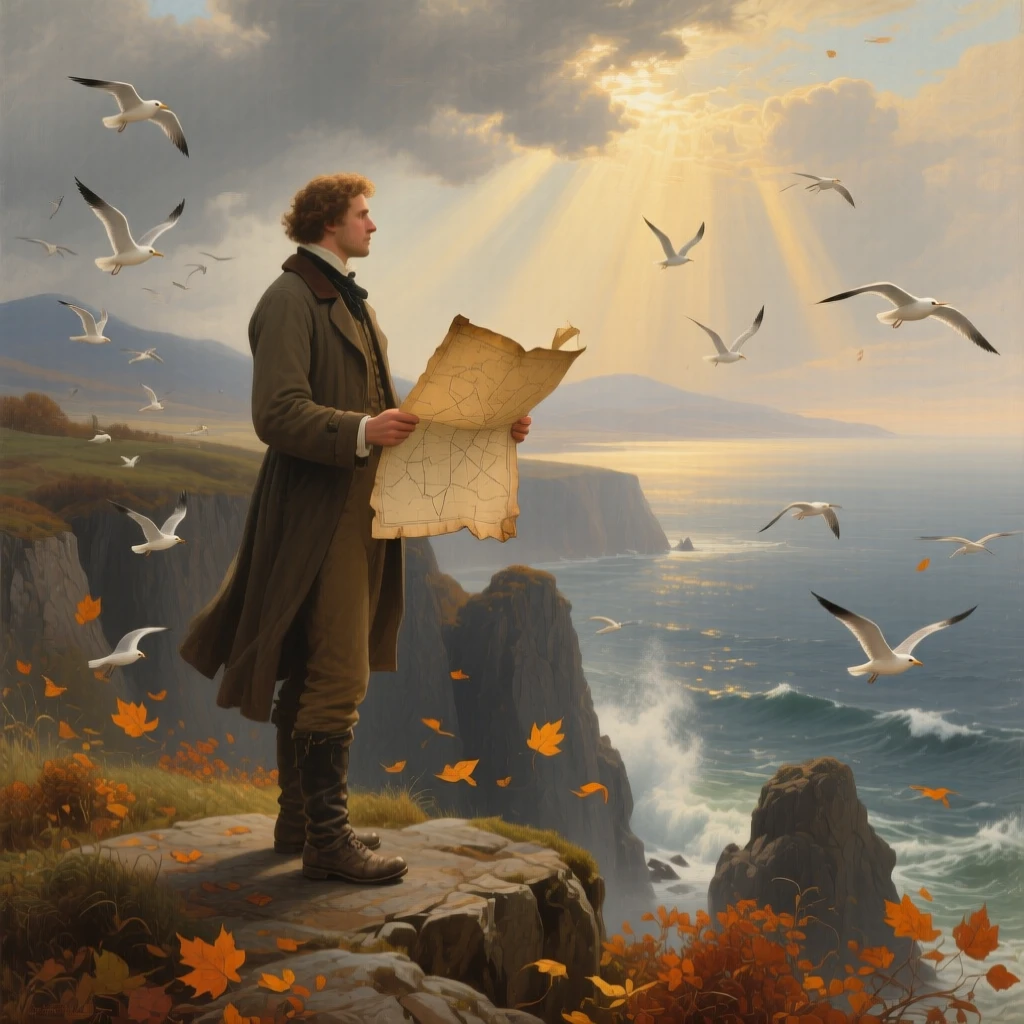 In early autumn, A solitary traveler on a high coastal cliff, holding a weathered map as seabirds wheel below, surrounded by a vast storm-cleared ocean, sunbeams breaking through distant clouds; amber leaves spiral through the open space around the subject, nostalgia softens every distant detail.