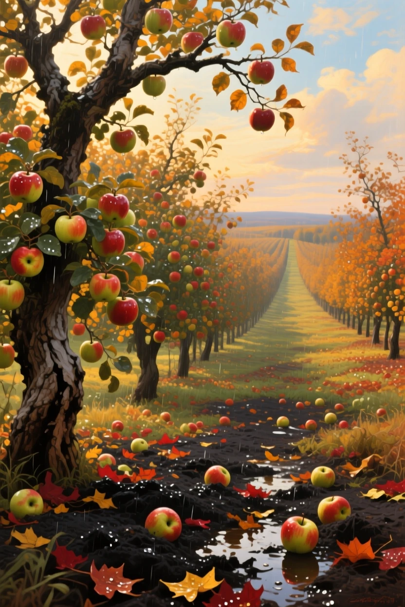 An apple orchard heavy with ripe fruit under warm autumn light, with rich, saturated colors deepened by recent rainfall, framed to highlight the vastness and grandeur of the setting