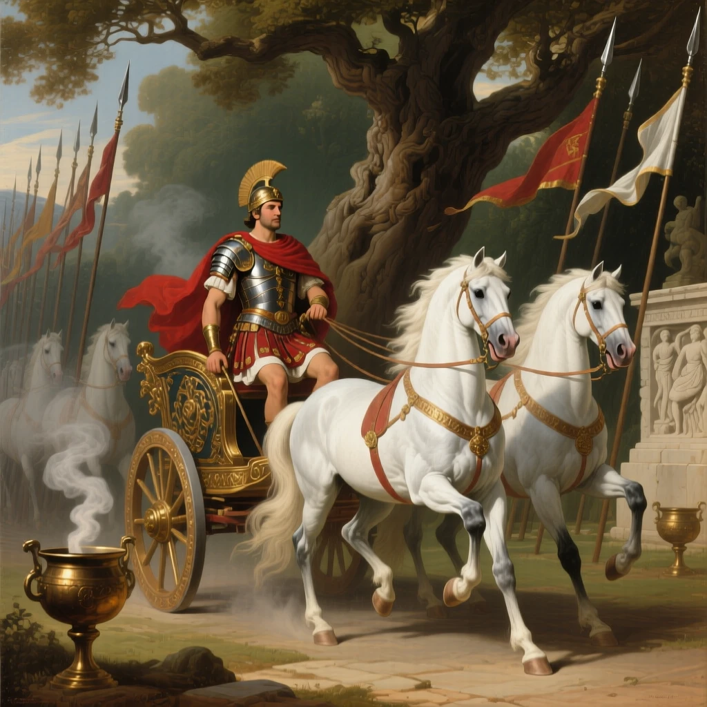 A triumphant Roman general riding a chariot drawn by four white horses just as the crowd falls silent in awe, set beneath a canopy of ancient oaks in a sacred grove, as smoke from ceremonial braziers curls upward past carved friezes; diagonal lines of spears and banners lead the eye to the central figure, capturing the timeless clash of glory and mortality.