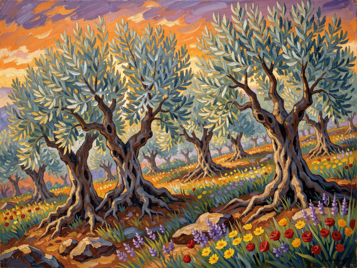 An ancient olive grove on a Mediterranean hillside, silver-green leaves catching the late afternoon sun.
