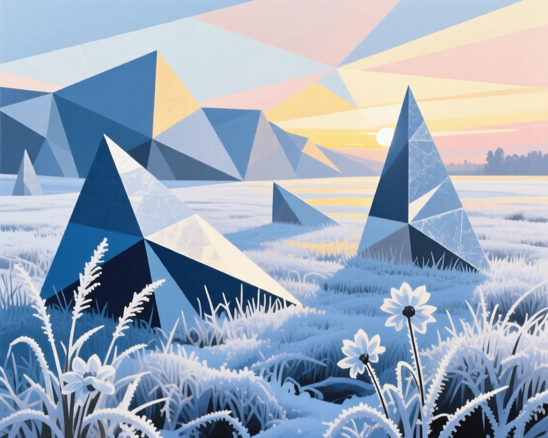 A frost-covered meadow glittering under the first light of a winter morning.