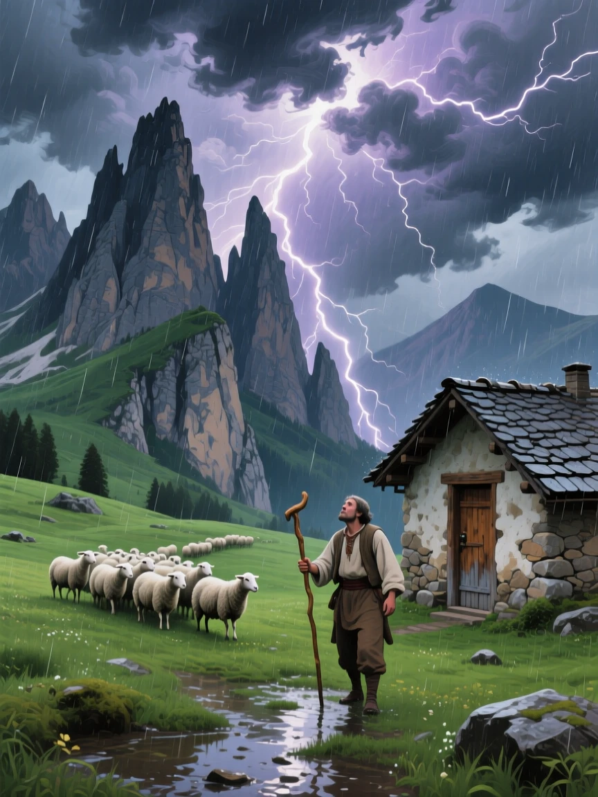 A dramatic thunderstorm rolls over the Dolomites, lightning splitting the sky above jagged limestone spires, a shepherd hurrying sheep toward a stone hut as rain begins to sweep across the green alpine meadow in the foreground.
