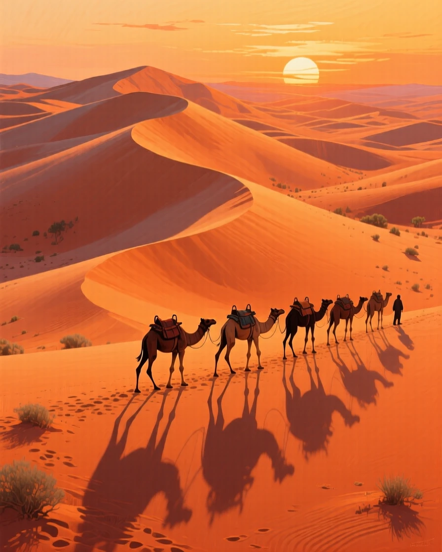 A vast desert of rolling orange dunes in the Sahara, a caravan of camels casting long shadows at sunset