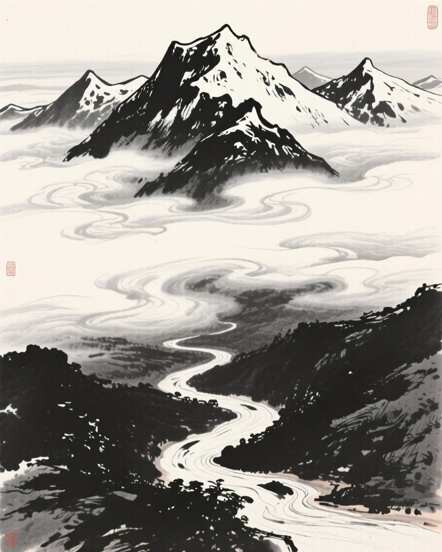 a snow-capped ridge, rising above a sea of clouds, with a stream threading through the valley beneath it.