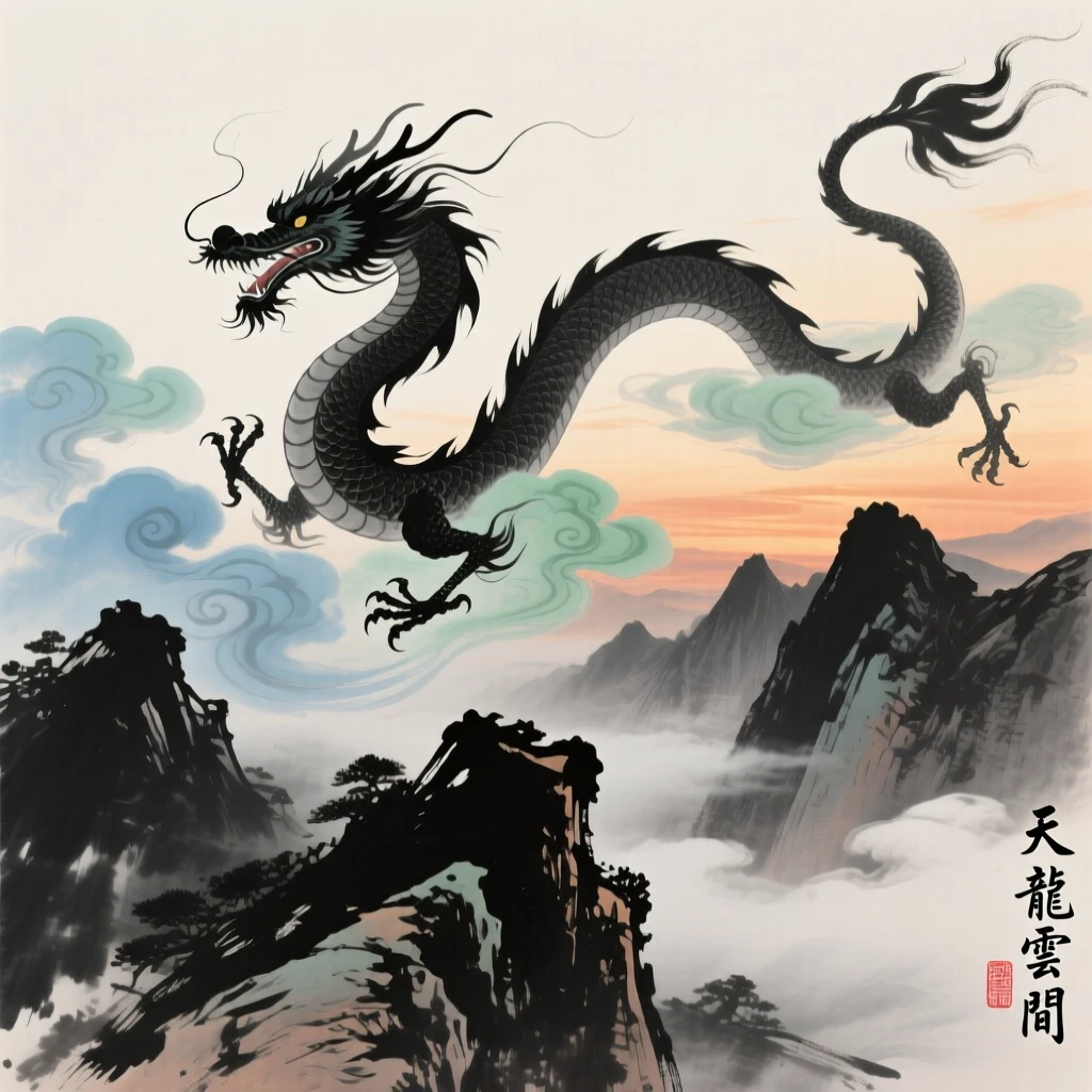 A celestial dragon coiling through clouds above a jagged mountain range, at dusk, full of quiet reverence.