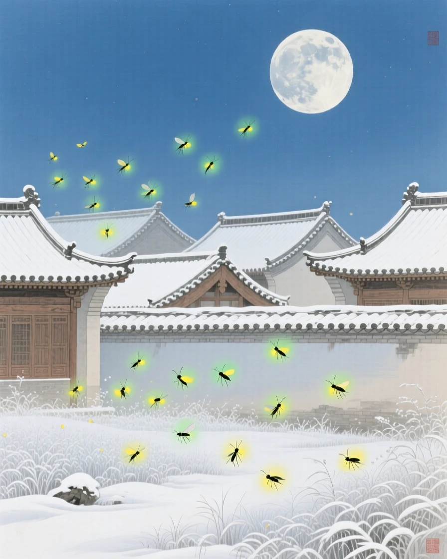 Fireflies dancing above a moonlit meadow, over rooftops dusted with fresh snow