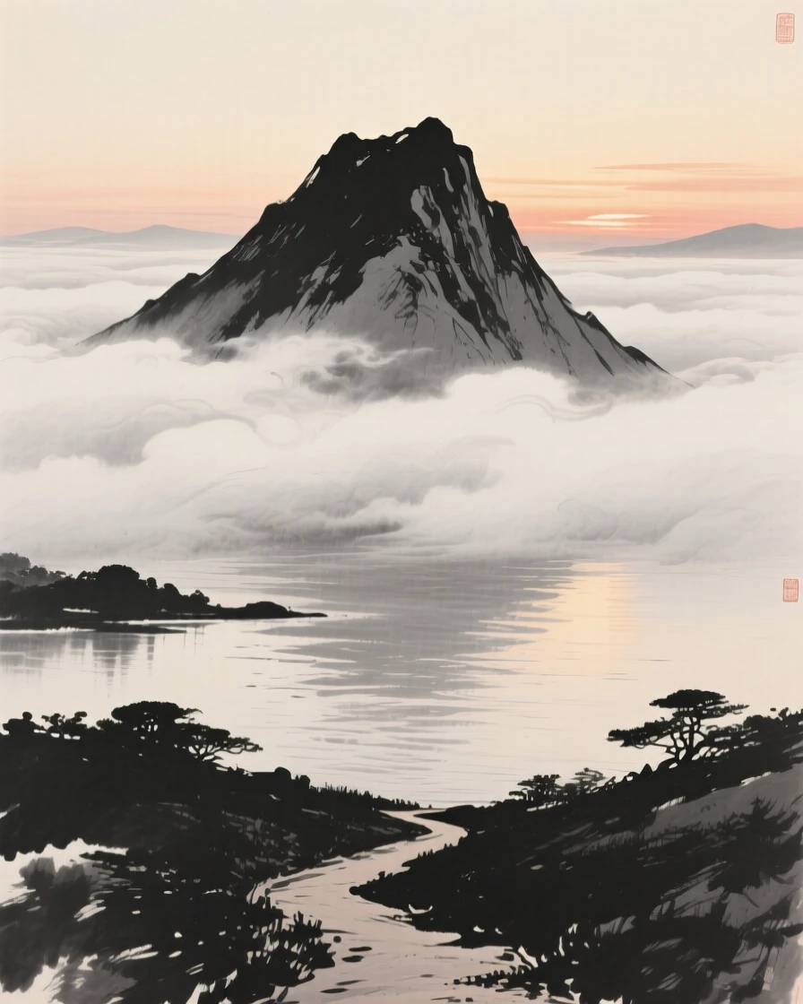 A solitary mountain peak piercing through a sea of clouds with the last light of dusk catching the water's surface, captured from a narrow path winding into the depth of the scene, capturing a fleeting, serene moment suspended in time.