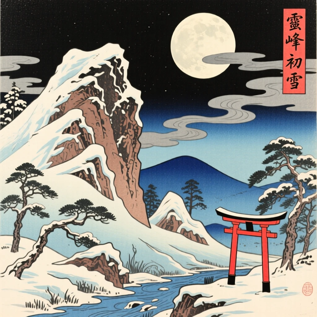A sacred mountain crag, dusted with the season's first snow, under a full moon.