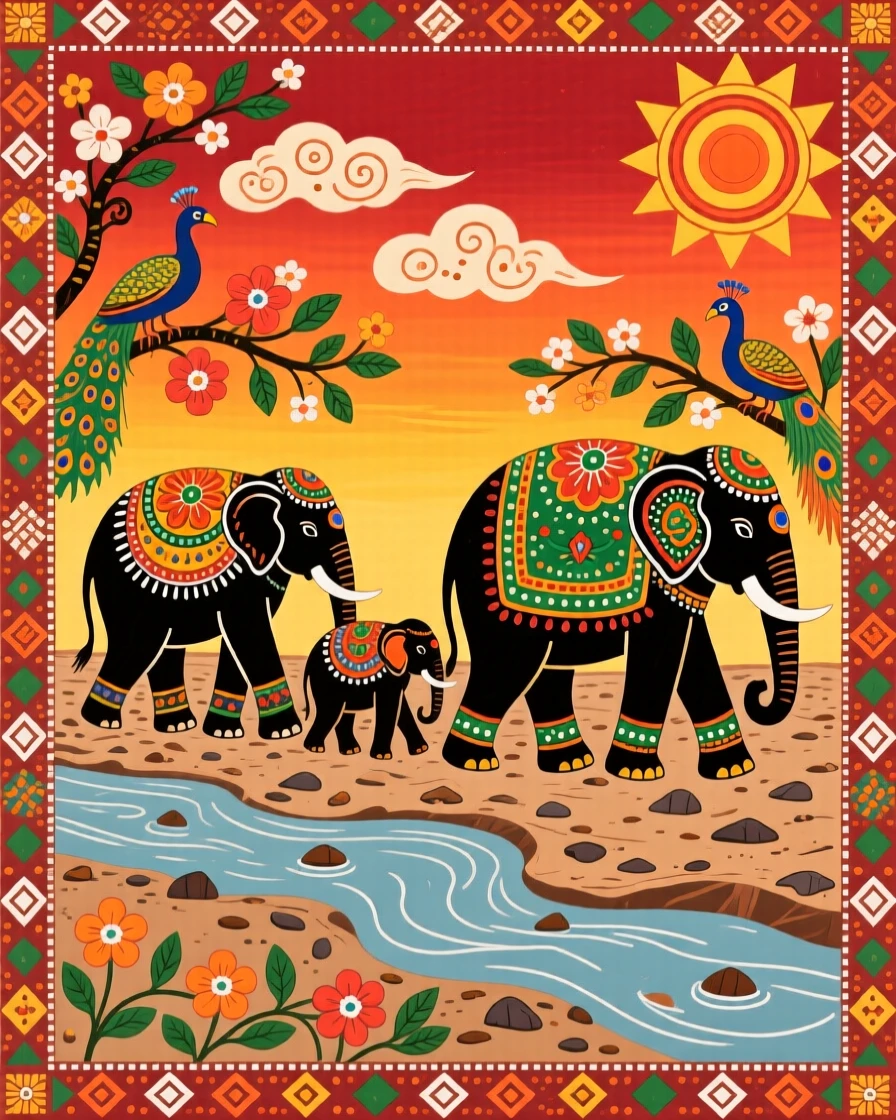 An elephant family walking in a line across a dry riverbed at dusk.