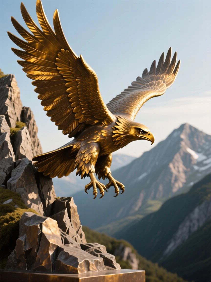 A golden eagle locked in flight beside a mountain ridge, bathed in warm, natural light, evoking wonder and majesty