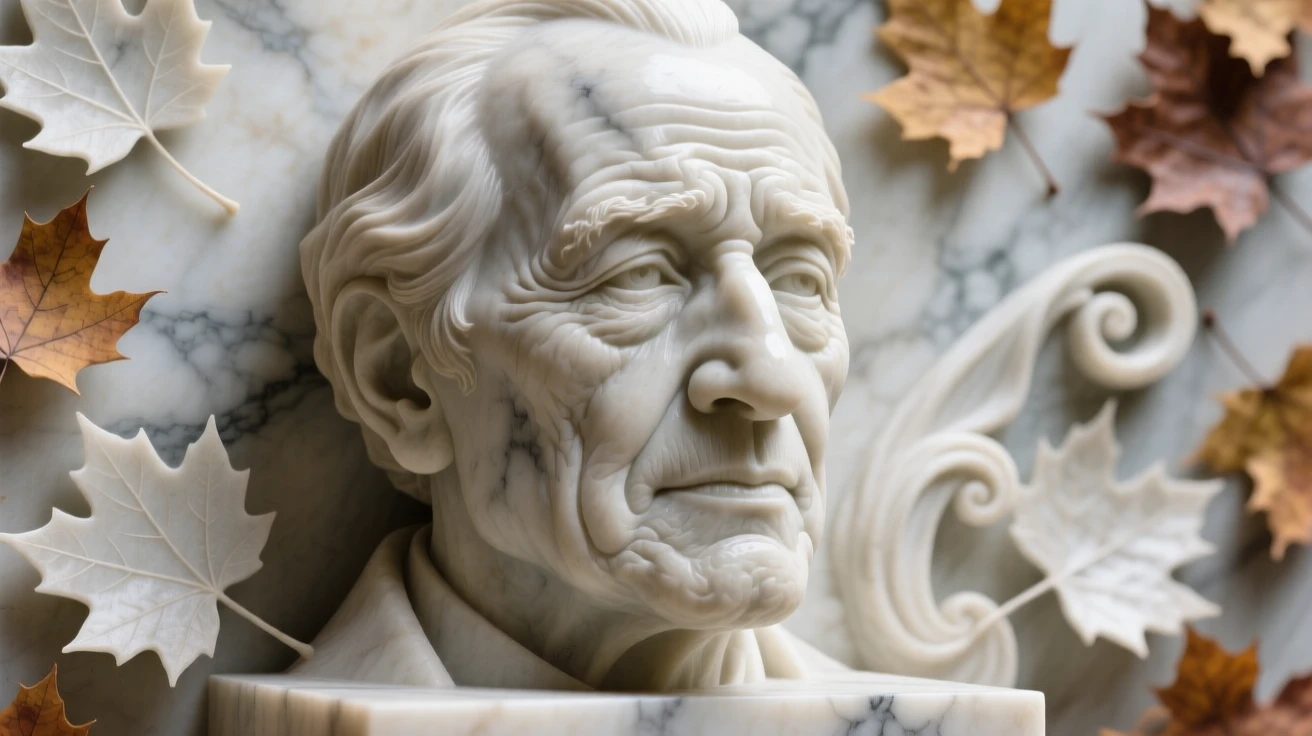 A close-up portrait of a wise grandfather, gazing thoughtfully into the distance, surrounded by drifting autumn leaves, radiating quiet emotion and dignity