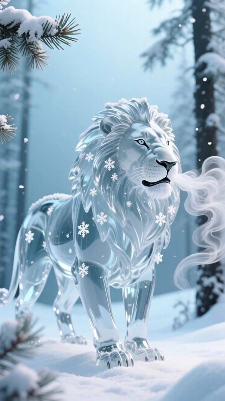 A majestic lion in a snow-dusted pine forest, breath visible in the cold air, soft winter light giving the scene a hushed, peaceful feeling.