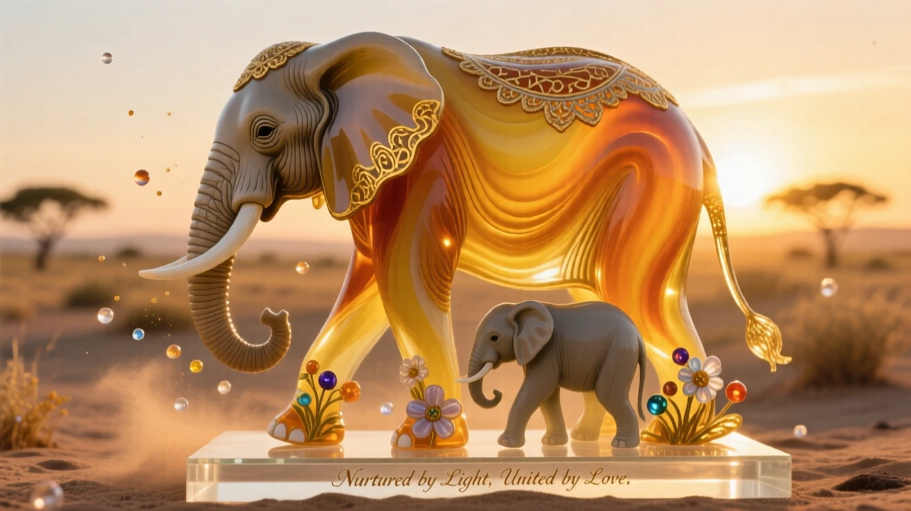 A mother elephant and her calf walking trunk-to-tail across a dusty savanna at golden hour, gentle and nurturing, dust motes glowing in the low light.