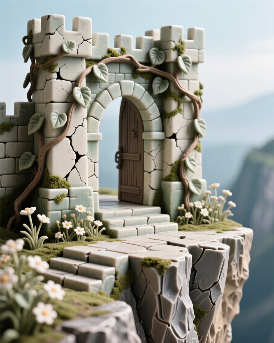 A medieval city gate with weathered stone arches perched dramatically at the edge of a cliff, surrounded by climbing ivy and wildflowers, evoking timeless wonder and quiet grandeur.