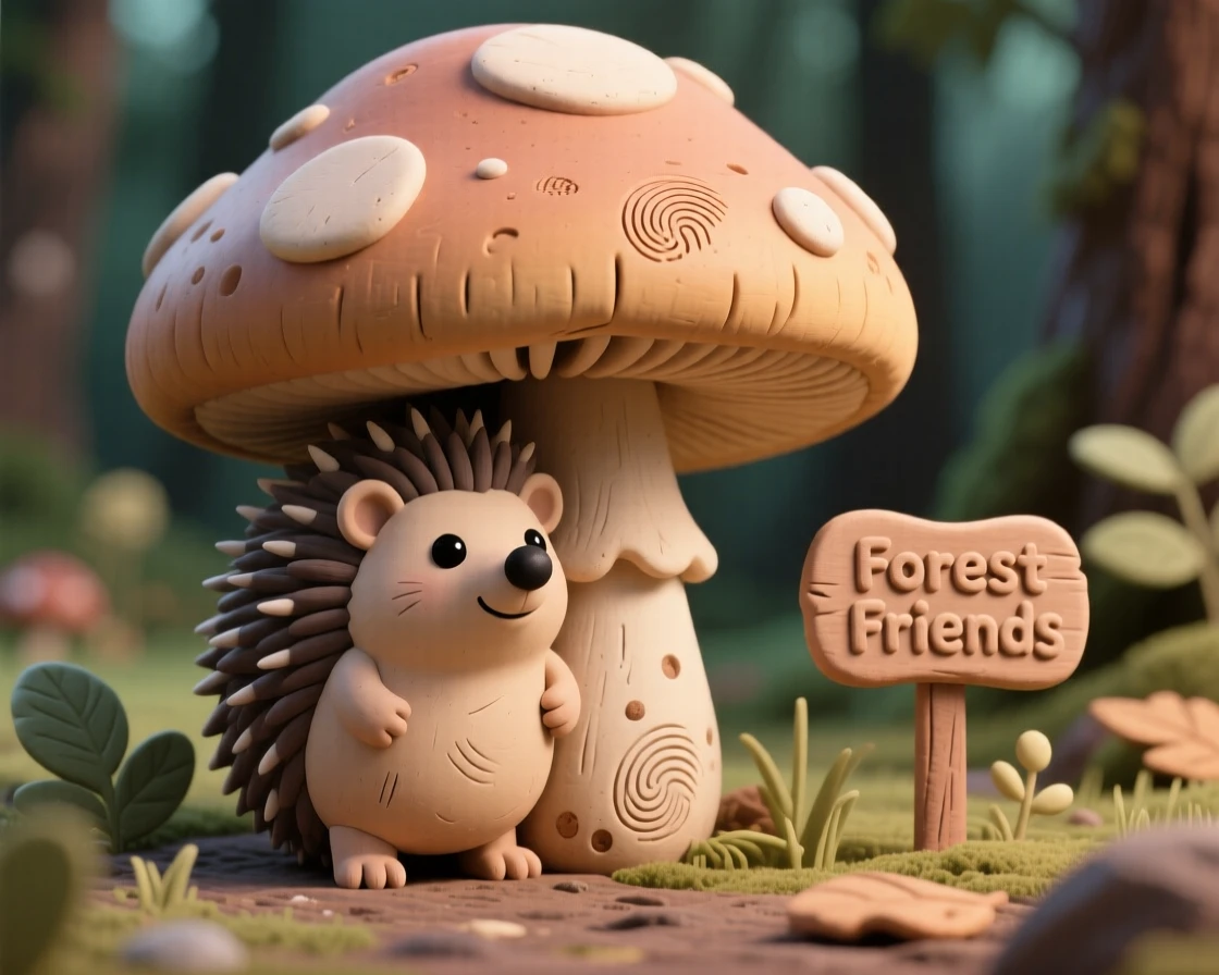 A hedgehog peeking out from beneath a giant mushroom cap in a forest clearing