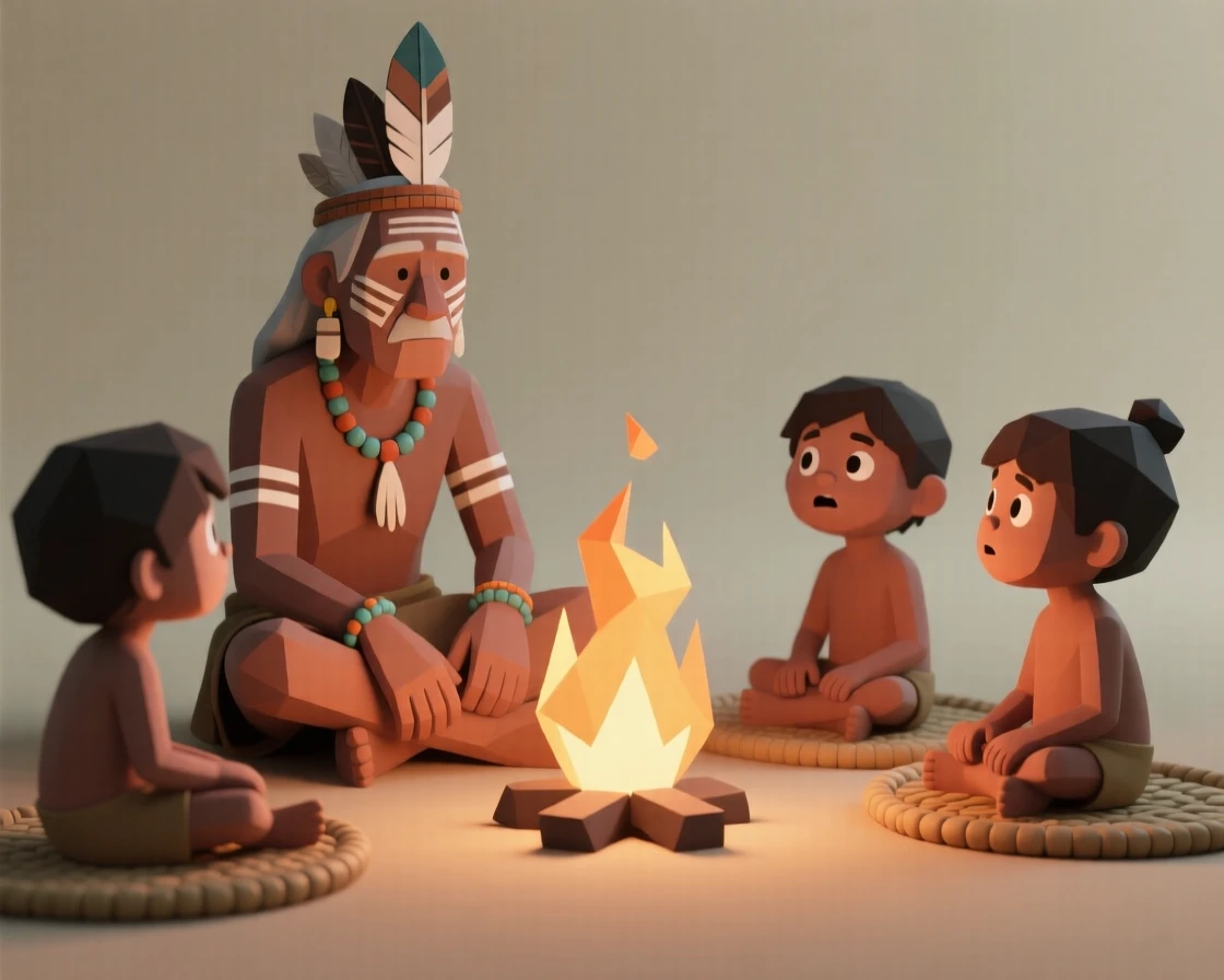 A tribal elder from the Amazon rainforest sits beside a crackling fire, telling stories to wide-eyed children gathered on woven mats around him.