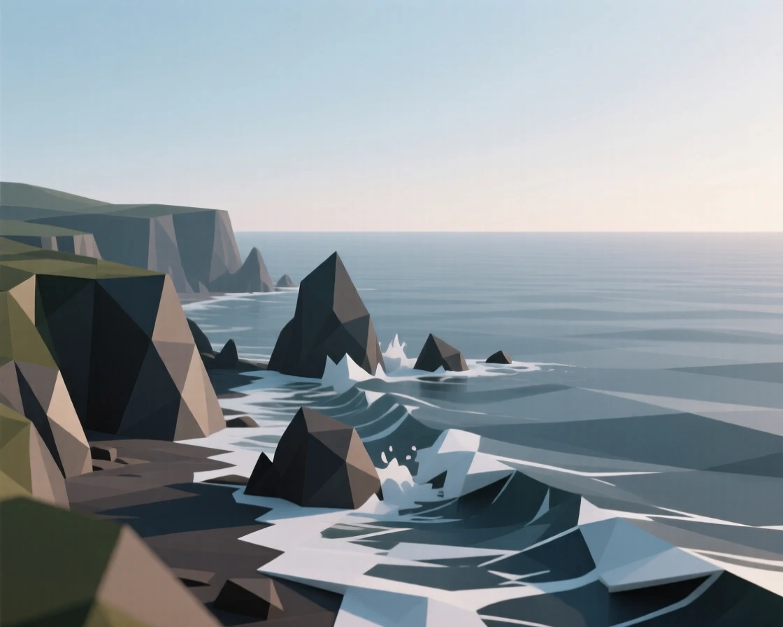A rugged coastline with crashing waves, in the stillness of early morning. the horizon line anchors a balanced composition. The atmosphere is dramatic and powerful.