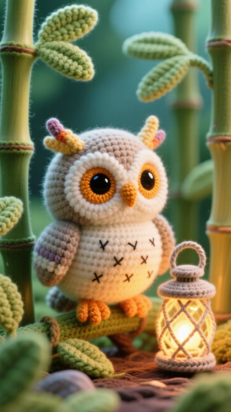 a fuzzy baby owl with wide amber eyes and tufted ear feathers is shown perched with head tilted curiously to one side within a lush bamboo grove, accompanied by a small lantern glowing warmly beside it, capturing cheerful energy and boundless enthusiasm.