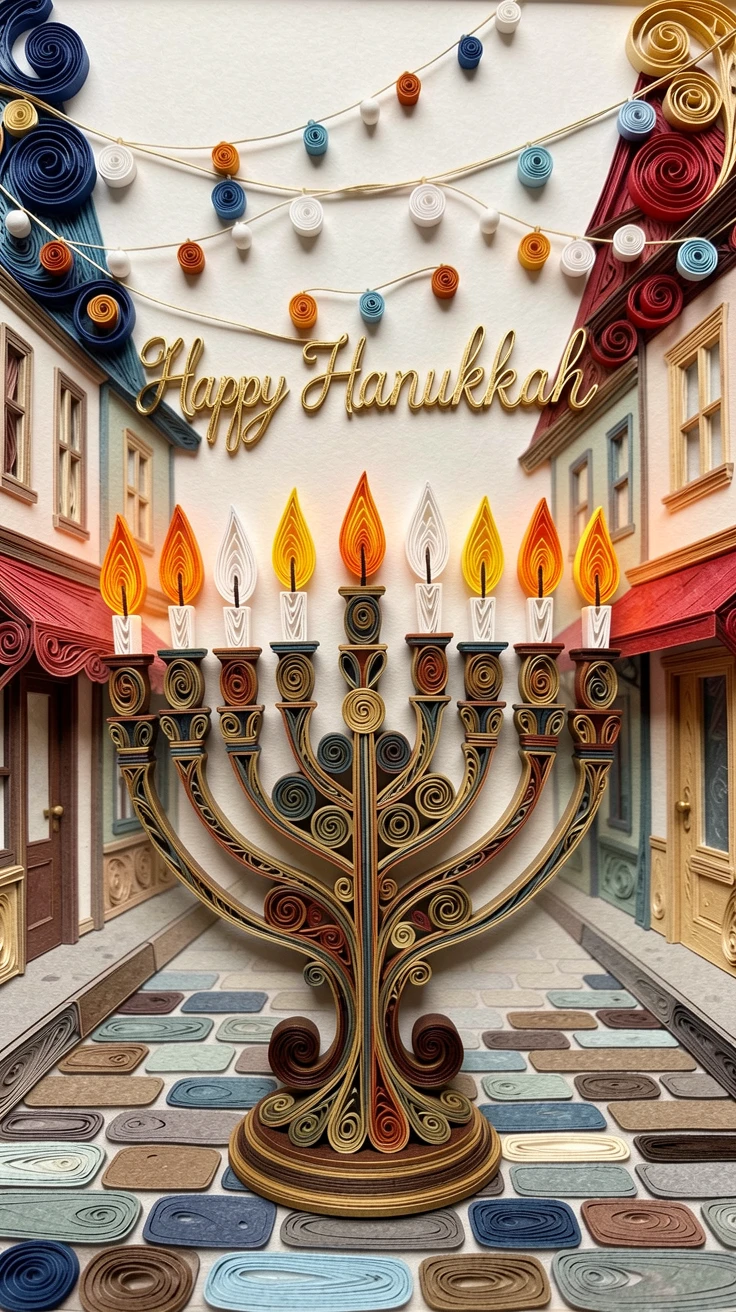 A festive holiday scene of a Hanukkah menorah glowing with lit candles in a town square strung with festive lights, under the warm glow of string lights, shown from a warm, intimate close-up perspective.
