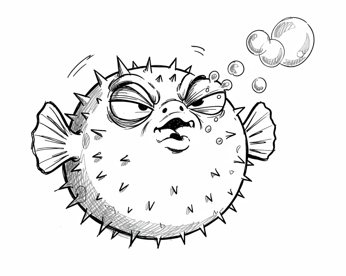 A round pufferfish hiccupping bubbles.