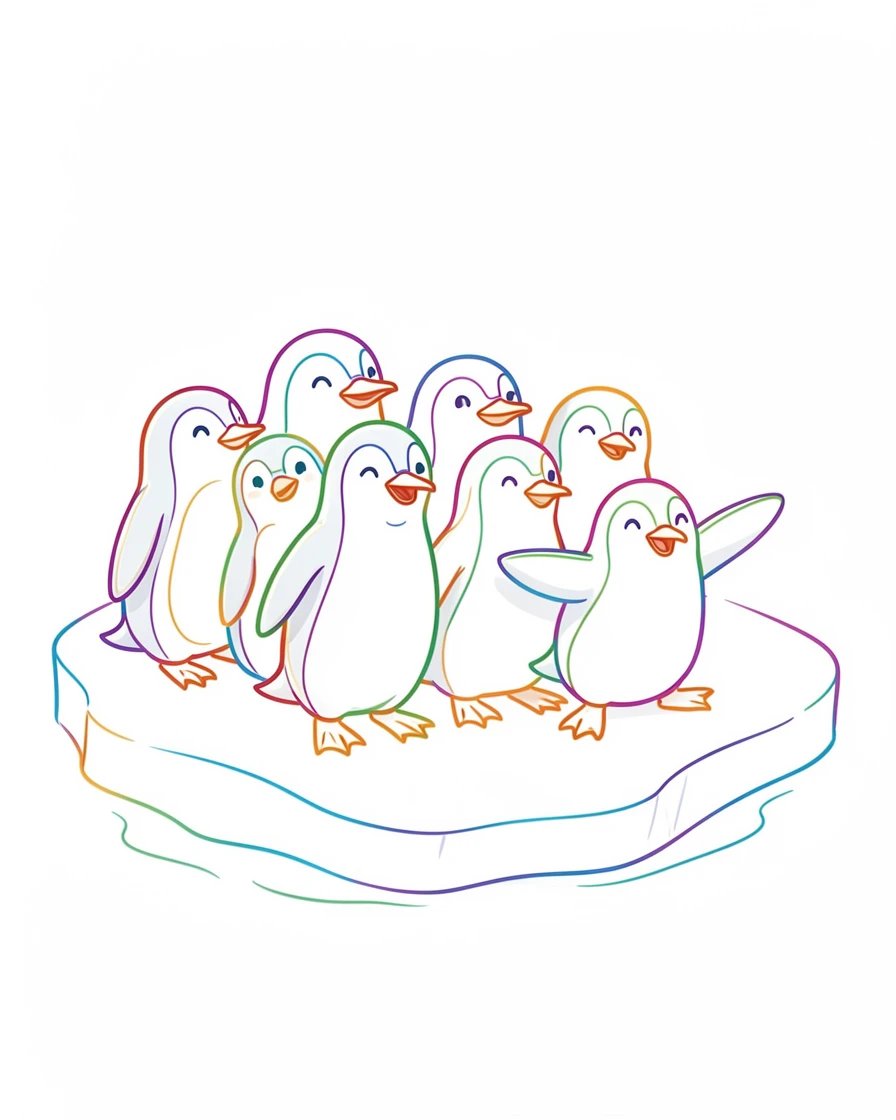 A group of penguins huddled together on an ice floe, one waddling toward the water's edge with flippers outstretched.