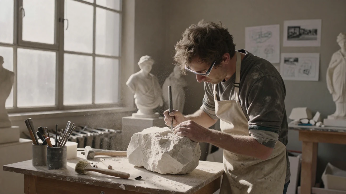 A sculptor chisels fine details into a block of marble in a dusty studio.