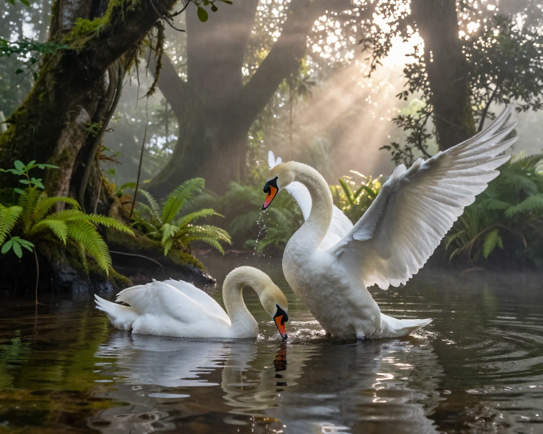 A pair of swans playing together in shallow water deep within a misty rainforest