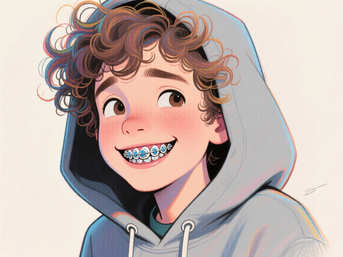 A shy teenage boy with braces and messy curly hair, peeking out from behind an oversized hoodie, one eyebrow raised.