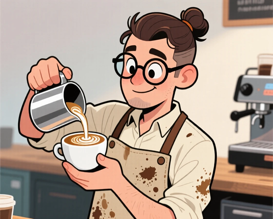 A charming portrait of a stylish barista with a man-bun and round glasses, carefully pouring latte art, wearing a canvas apron covered in coffee stains.