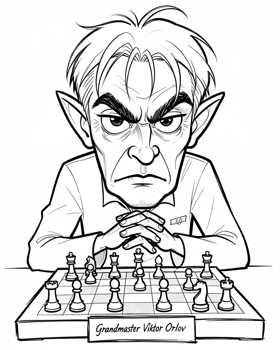 [People Portraits & Characters] Portrait of a stern chess grandmaster deep in thought over a chessboard, full of personality and charm