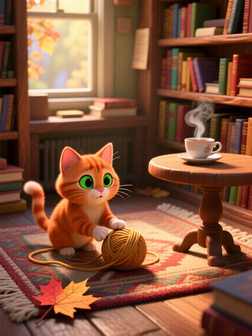 A tiny orange kitten is exploring a cozy bookshop nook, pawing gently at a ball of yarn. Innocent curiosity shines through the moment, with a single fallen leaf beside it.
