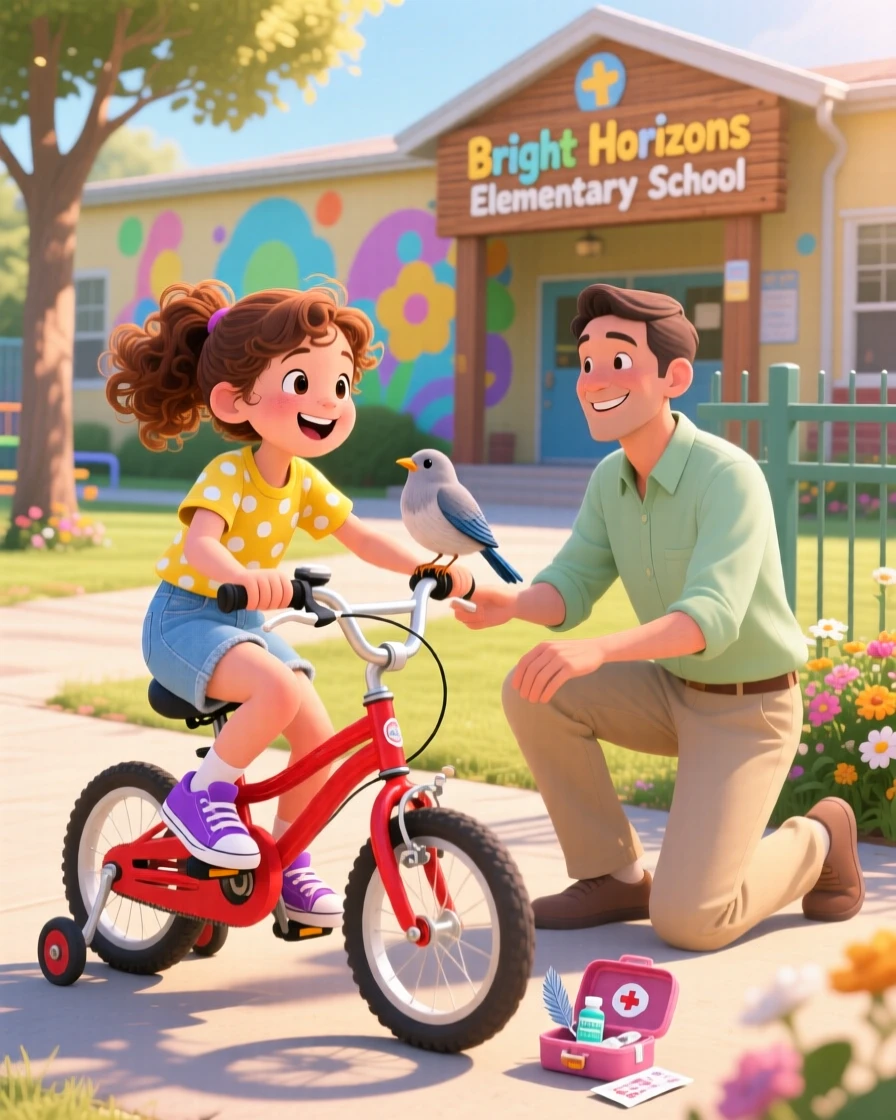In a sunny schoolyard, a girl and an injured bird bond over learning to ride a bike with a patient helper close by, as a small act of kindness brings a big smile.