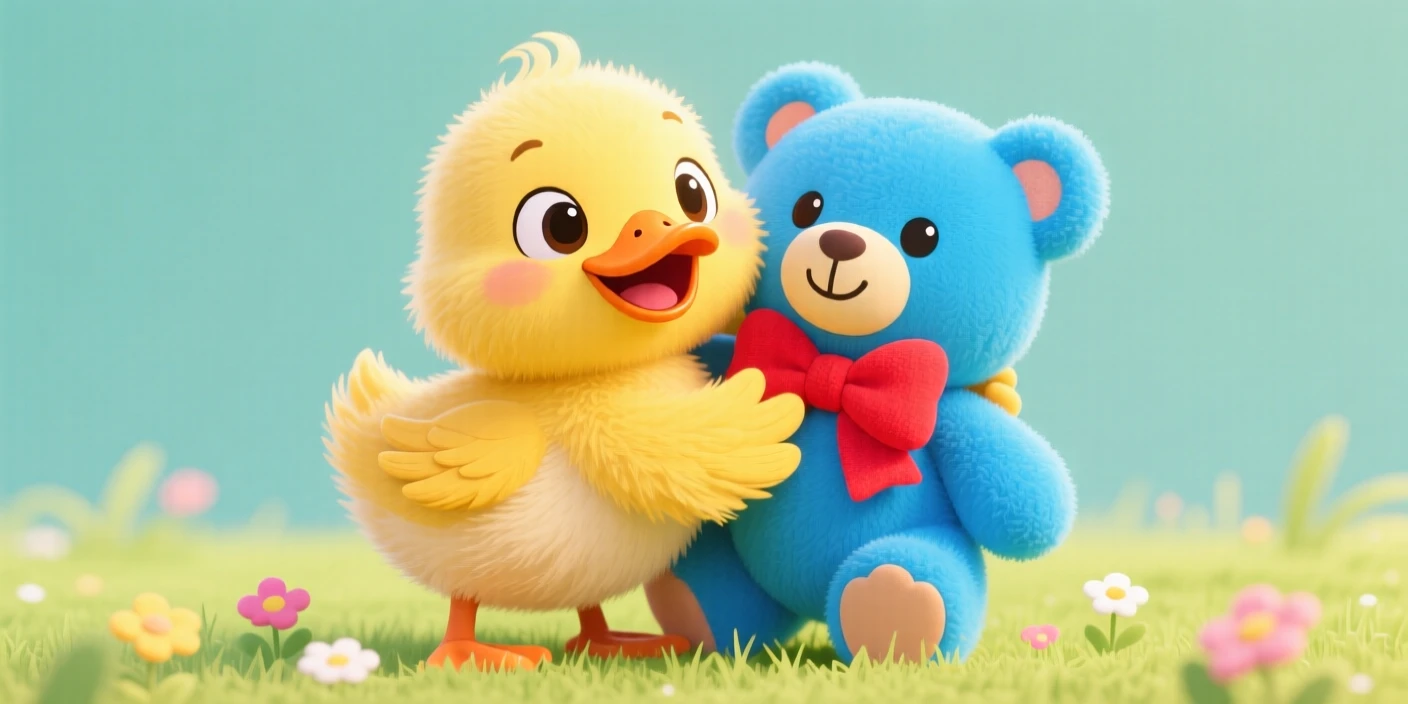 A fuzzy duckling hugging a stuffed toy.